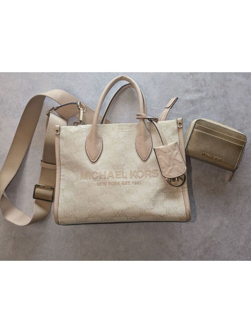 Michael Kors Mirella Small Logo Tote Neutral/Gold + Jet Set Travel Gold Wallet